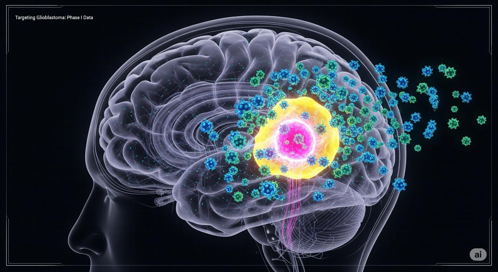 Digital illustration of a human brain with highlighted tumor region and colorful molecular structures representing targeted glioblastoma treatment.