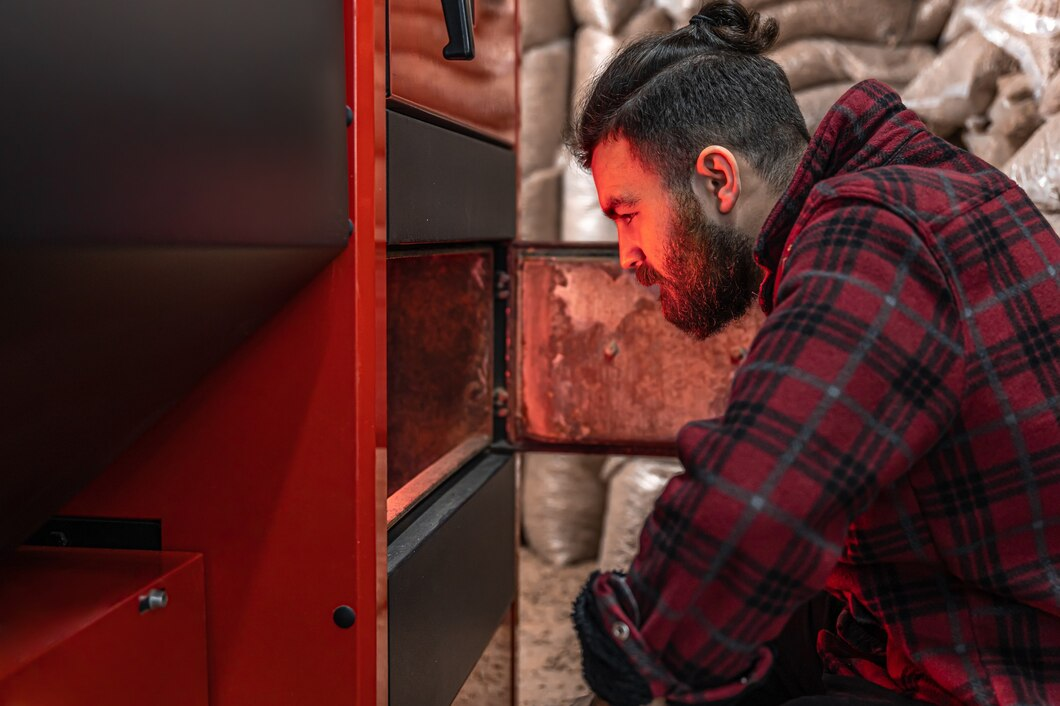 A man in a red plaid shirt inspects the glowing interior of an industrial furnace, with bags of fuel stacked in the background.