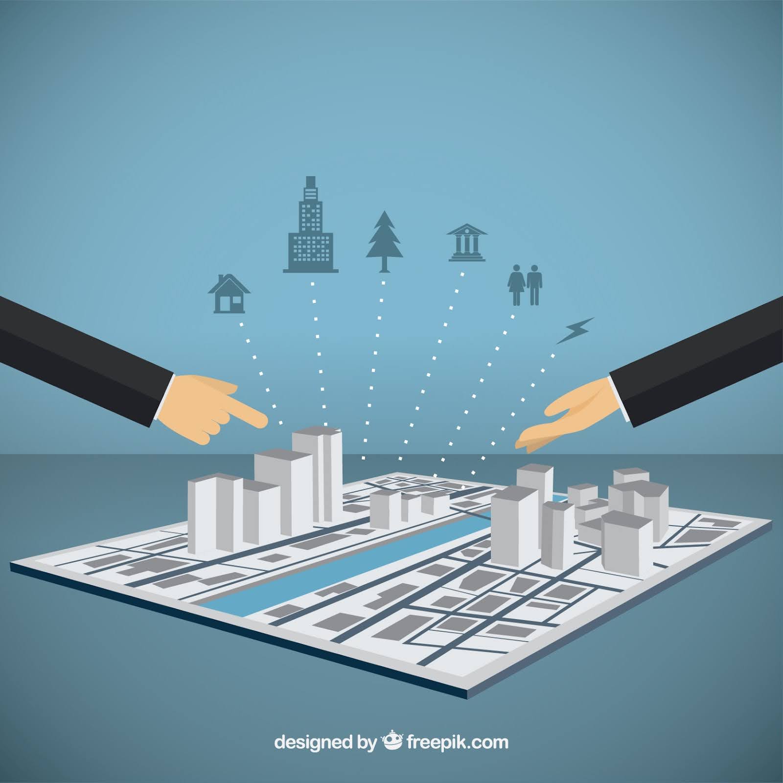 An illustration of two business hands discussing urban planning over a 3D city map with icons representing infrastructure and community elements.