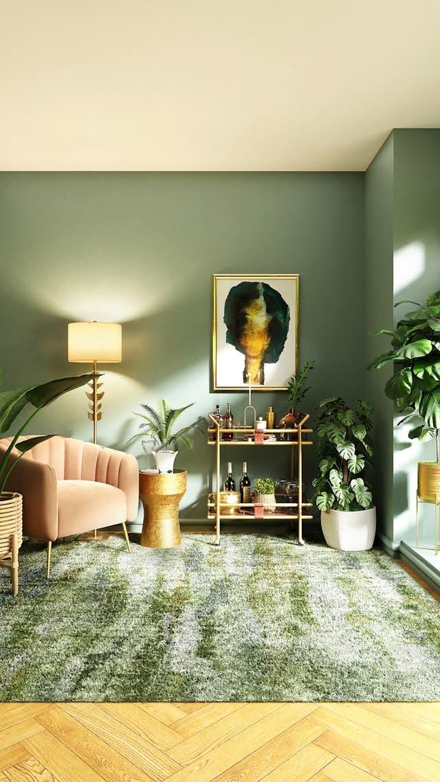Trendy Melbourne's room with dusty pink details, modern muted green rug, green walls and subtle lighting.