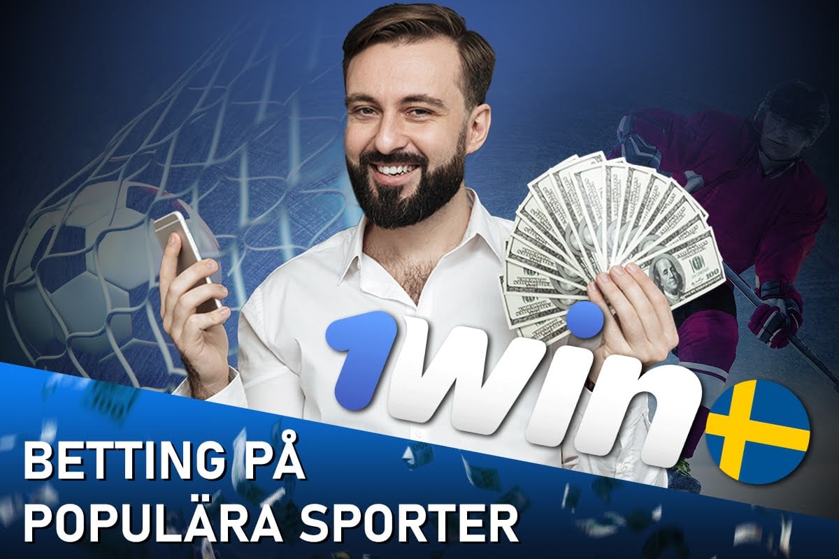 A happy bearded man in a white shirt holding a large stack of cash and a phone, with a "1win" sports betting logo, a soccer net, and an ice hockey player in the background.