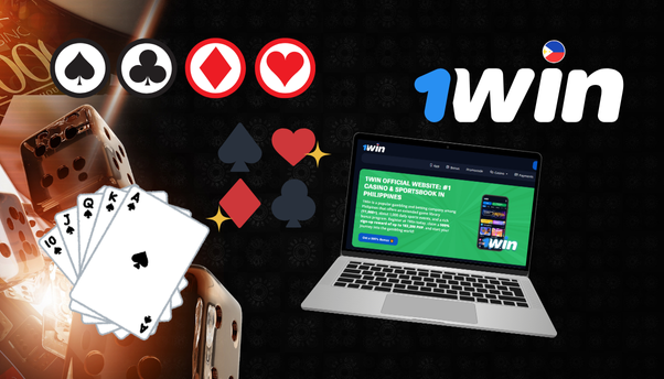 A laptop displaying the 1win website, surrounded by playing cards, dice, and various gambling symbols. The 1win logo is prominently featured, indicating an online gambling theme.