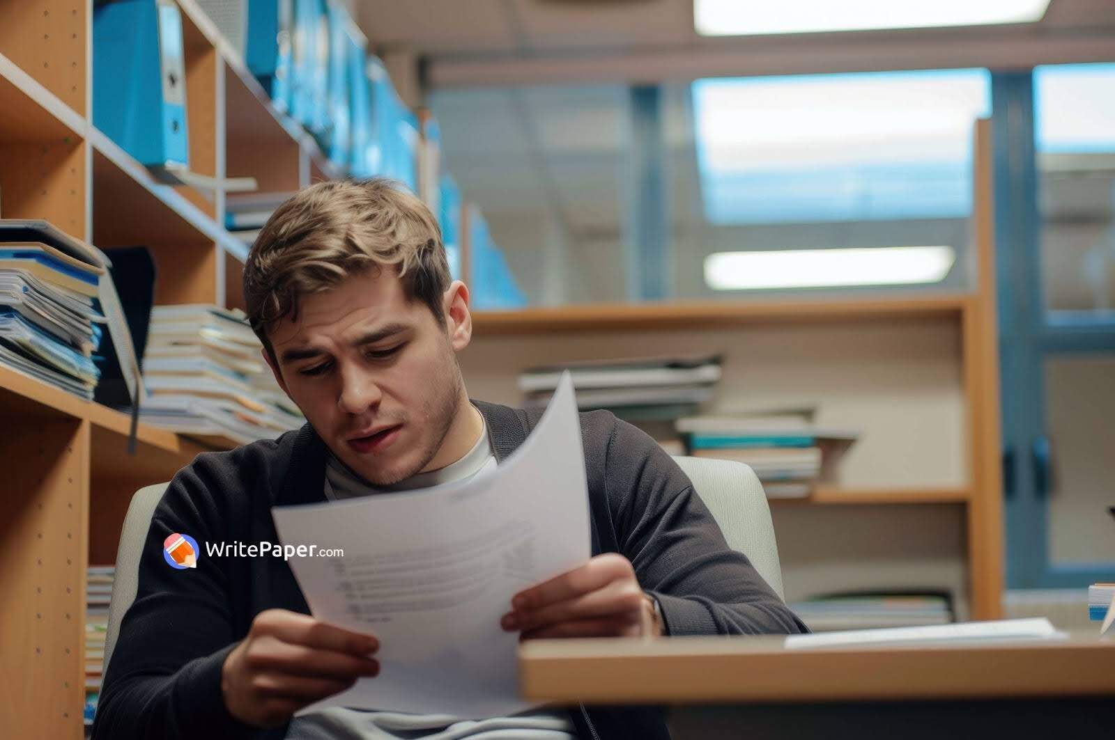 A person sits in an office, holding and reading a document. Background shows shelves with files and folders. Logo "WritePaper.com" is visible on their clothing.