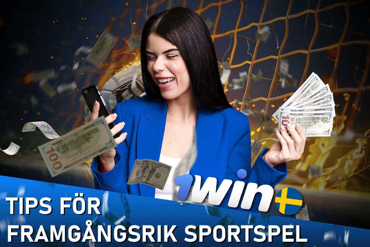 A smiling woman in a blue blazer holding cash and a phone, with money floating around and a "1win" sports betting logo in front of a goal net background.