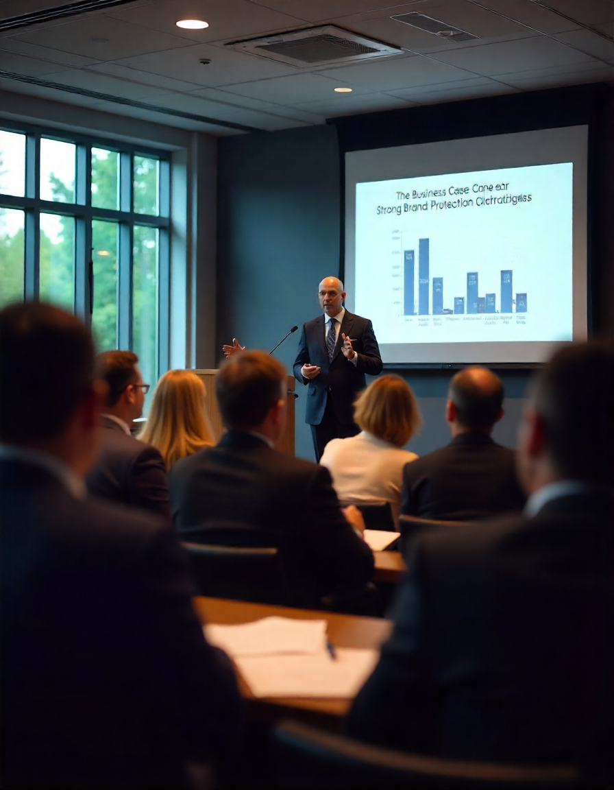Man giving a business presentation to an audience with a chart projected on screen