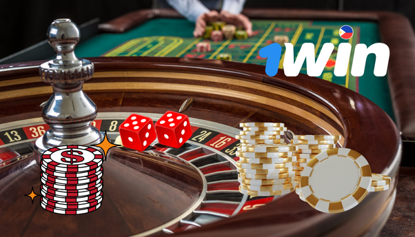 : A casino scene with a roulette wheel in the foreground, featuring red dice and stacks of poker chips with dollar signs.