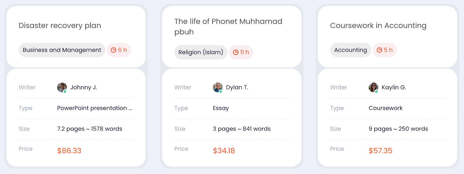 Three sections displaying different writing tasks with details such as subject, writer, type, size, and price.