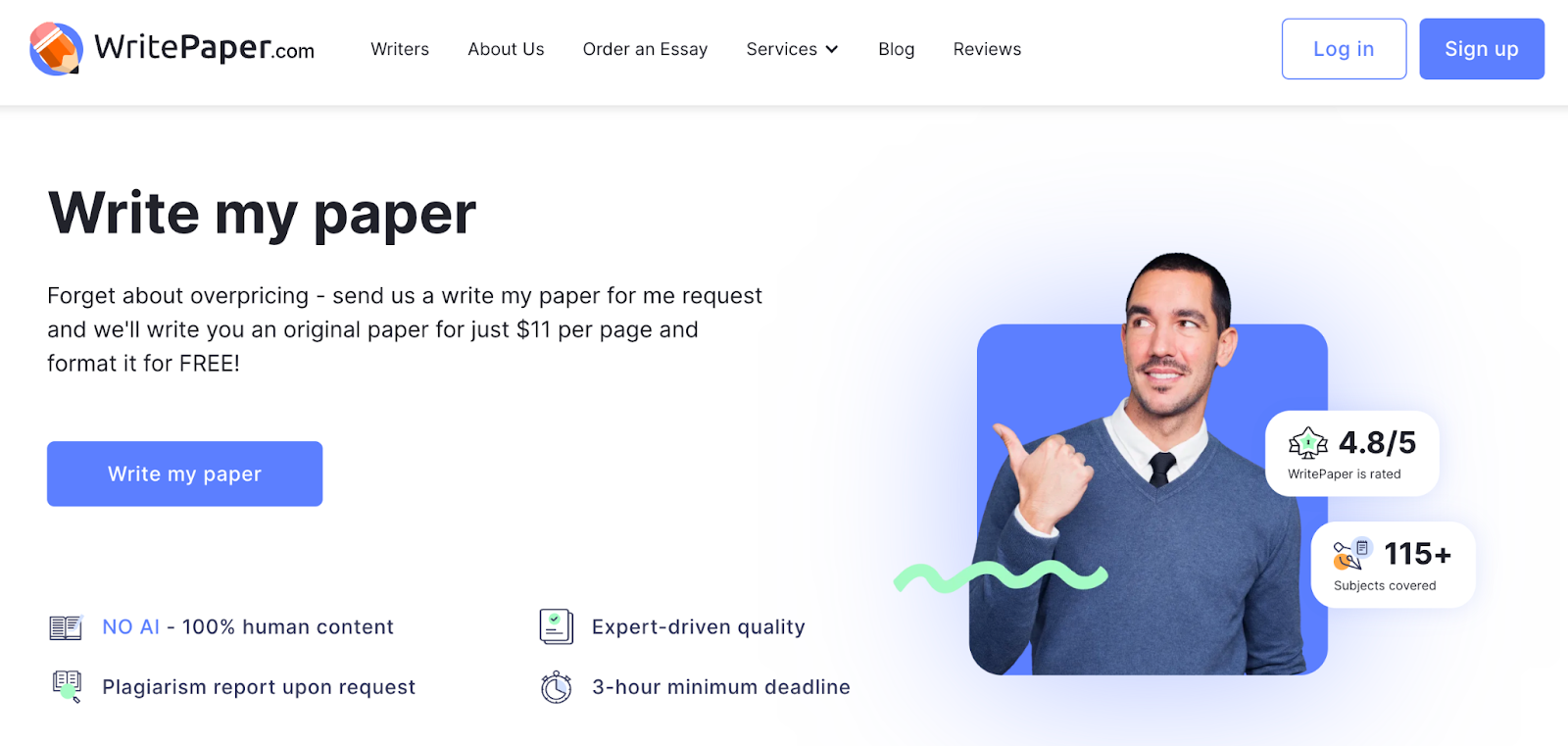 Webpage from WritePaper.com offering paper writing services for $11 per page with features like 100% human content and a 4.8/5 rating.
