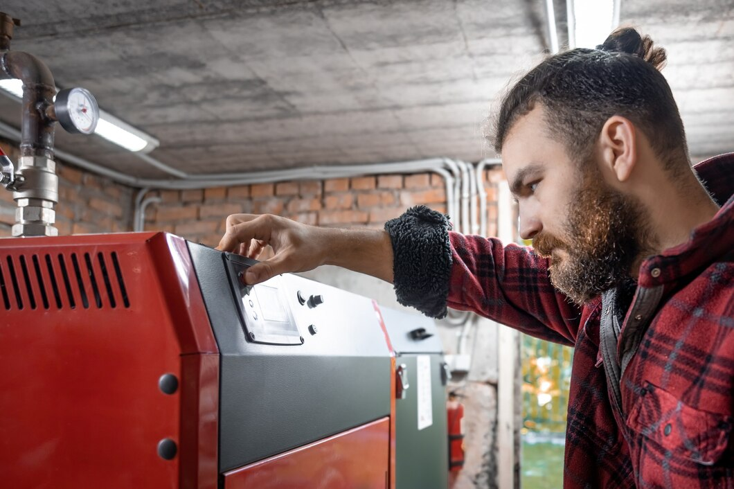 A man in a red plaid shirt adjusts the control panel of a red industrial heating system in a mechanical room with exposed brick walls.