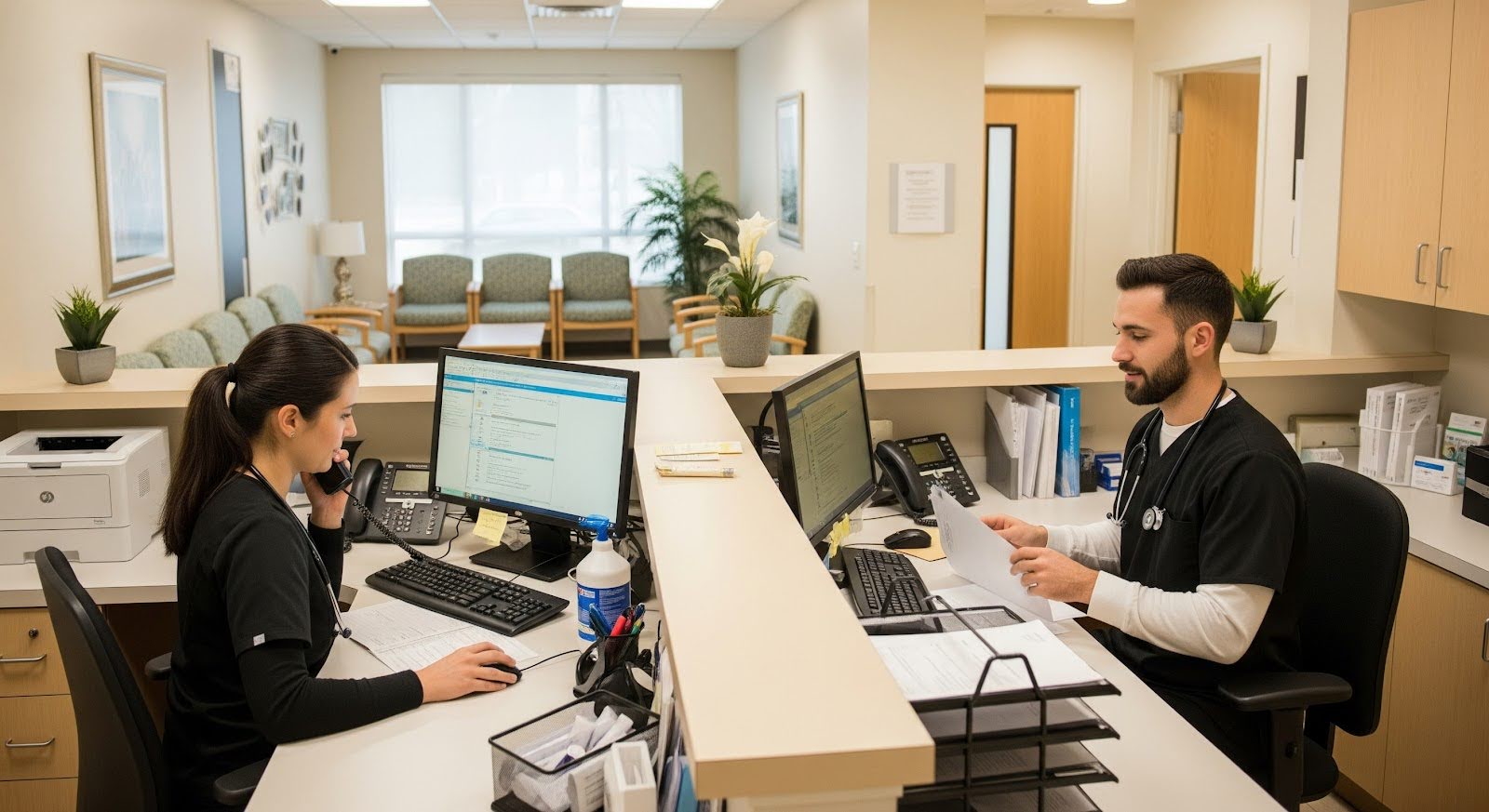 Two medical staff working at a reception desk in a clinic, with computers, phones, and a waiting area in the background.